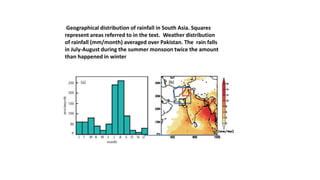 Geographical distribution of rainfall in South Asia. Squares
represent areas referred to in the text. Weather distribution
of rainfall (mm/month) averaged over Pakistan. The rain falls
in July-August during the summer monsoon twice the amount
than happened in winter
 