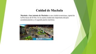 Cuidad de Machala
Machala o San Antonio de Machala es una ciudad ecuatoriana, capital de
la Provincia de El Oro. Es la cuarta ciudad más importante del país
económicamente y el segundo puerto marítimo.
 