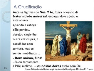 23
Ante as lágrimas de Sua Mãe, fizera o legado da
fraternidade universal, entregando-a a João e
este àquela. ...
Quando a cabeça
dEle pendeu,
desejou cingir-lhe
outra vez os pés, e
osculá-los com
ternura, mas se
sentiu imobilizada…
- Bom animo, filha!
– falou ternamente
a Mãe sublime. – As nossas dores estão com Ele.
Livro Primícias do Reino, espírito Amélia Rodrigues, Divaldo P. Franco
A Crucificação
 