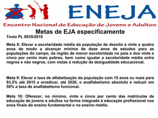 Metas de EJA especificamente
Texto PL 8035/2010
Meta 8: Elevar a escolaridade média da população de dezoito a vinte e quatro
anos de modo a alcançar mínimo de doze anos de estudos para as
populações do campo, da região de menor escolaridade no país e dos vinte e
cinco por cento mais pobres, bem como igualar a escolaridade média entre
negros e não negros, com vistas à redução da desigualdade educacional.


Meta 9: Elevar a taxa de alfabetização da população com 15 anos ou mais para
93,5% até 2015 e erradicar, até 2020, o analfabetismo absoluto e reduzir em
50% a taxa de analfabetismo funcional.

Meta 10: Oferecer, no mínimo, vinte e cinco por cento das matrículas de
educação de jovens e adultos na forma integrada à educação profissional nos
anos finais do ensino fundamental e no ensino médio.
 