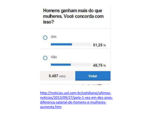 http://noticias.uol.com.br/cotidiano/ultimas-
noticias/2013/09/27/pela-1-vez-em-dez-anos-
diferenca-salarial-de-homens-e-mulheres-
aumenta.htm
 