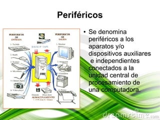 Periféricos
      ●   Se denomina
          periféricos a los
          aparatos y/o
          dispositivos auxiliares
           e independientes
          conectados a la
          unidad central de
          procesamiento de
          una computadora.
 