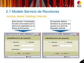 2.1 Modelo Servicio de Reuniones
Acceso desde Catálogo Internet:
    Este Usuario / Contraseña      El expositor deberá
    ha sido comunicado por E-      introducir su usuario de
    mail a los registrados en el   acceso a la Zona de
    Punto de Encuentro.            Expositor internet.




                                                              11
 