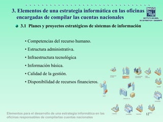 Elementos para el desarrollo de una estrategia informática en las
oficinas responsables de compilarlas cuentas nacionales
• Competencias del recurso humano.
• Estructura administrativa.
• Infraestructura tecnológica
• Información básica.
• Calidad de la gestión.
• Disponibilidad de recursos financieros.
12
3. Elementos de una estrategia informática en las oficinas
encargadas de compilar las cuentas nacionales
3.1 Planes y proyectos estratégicos de sistemas de información
 