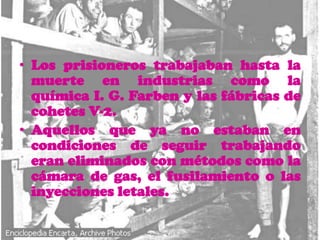 • Los prisioneros trabajaban hasta la
  muerte en industrias como la
  química I. G. Farben y las fábricas de
  cohetes V-2.
• Aquellos que ya no estaban en
  condiciones de seguir trabajando
  eran eliminados con métodos como la
  cámara de gas, el fusilamiento o las
  inyecciones letales.
 