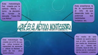 Esta metodología
fue creada por la
señora María, y
tomo la decisión
de fundar la
escuela “Casa De
Los Niños”
Esta enseñanza le
da la oportunidad
al niño de que
desarrolle todo su
potencial sus
habilidades
fortaleza etc.
Esta metodología fue
creada con el fin de que
los niños tuvieran la
capacidad de aprender
y utilizar la libertad a
partir de los años
desarrollados.
Por medio de este
método se quería lograr
que el niño aprendiera
por medio de dinámicas
que no fueran tan
simples. Que el niño se
sienta con la motivación
de su maestra y padres
 