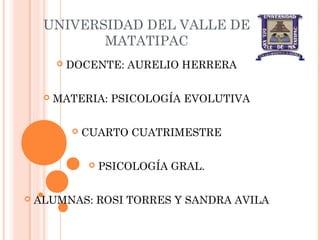 UNIVERSIDAD DEL VALLE DE
MATATIPAC
 DOCENTE: AURELIO HERRERA
 MATERIA: PSICOLOGÍA EVOLUTIVA
 CUARTO CUATRIMESTRE
 PSICOLOGÍA GRAL.
 ALUMNAS: ROSI TORRES Y SANDRA AVILA
 