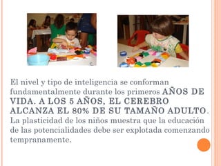 El nivel y tipo de inteligencia se conforman
fundamentalmente durante los primeros AÑOS DE
VIDA. A LOS 5 AÑOS, EL CEREBRO
ALCANZA EL 80% DE SU TAMAÑO ADULTO.
La plasticidad de los niños muestra que la educación
de las potencialidades debe ser explotada comenzando
tempranamente.
 