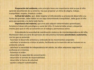 Preparación del ambiente,  este principio tiene una importancia vital ya que el niño aprende absorbiendo de su entorno. hay que propiciar un clima de alegría, trabajo, tranquilidad, respeto, limpieza y orden. Actitud del adulto , que  debe respetar al niño durante su proceso de desarrollo y su forma de aprender, debe hablar en voz baja transmitiendo tranquilidad , debe guiar al niño para que aprenda y no darle todo hecho.  Importancia del material,  que sirve para adquirir determinados aprendizajes, fortalece el desarrollo psicológico y social del niño. El material debe atraer y despertar interés para que el niño se concentre en el trabajo y permanezca activo. Entendiendo la necesidad de coordinación motora y de interderdependencia del niño, Montessori ideó una serie de ejercicios de vida práctica llamados  psicoticidad y autonomía,  con los que se pretende: · favorecer el desarrollo armónico y ordenado de los movimientos corporales · satisfacer la tendencia a imitar al adulto, facilitando así la inserción del ser humano en su ambiente cultural. · satisfacer la necesidad de independencia del adulto. los niños adquieren seguridad y confianza en sí mismos. · fomentar el orden . · desarrollar la capacidad de concentración . · desarrollar el sentido de responsabilidad.  · desarrollar la fuerza de voluntad. · ayudar a adquirir autodisciplina. 