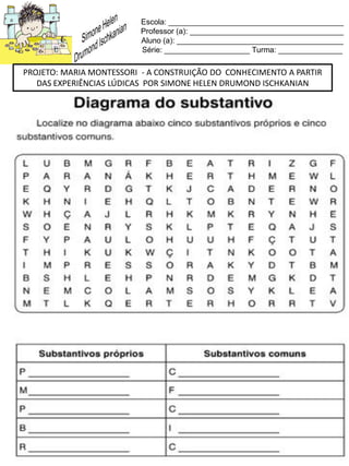 Escola: _________________________________________
Professor (a): ____________________________________
Aluno (a): _______________________________________
Série: ____________________ Turma: _______________
PROJETO: MARIA MONTESSORI - A CONSTRUIÇÃO DO CONHECIMENTO A PARTIR
DAS EXPERIÊNCIAS LÚDICAS POR SIMONE HELEN DRUMOND ISCHKANIAN
 