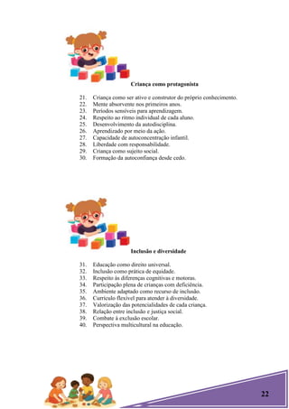 22
Criança como protagonista
21. Criança como ser ativo e construtor do próprio conhecimento.
22. Mente absorvente nos primeiros anos.
23. Períodos sensíveis para aprendizagem.
24. Respeito ao ritmo individual de cada aluno.
25. Desenvolvimento da autodisciplina.
26. Aprendizado por meio da ação.
27. Capacidade de autoconcentração infantil.
28. Liberdade com responsabilidade.
29. Criança como sujeito social.
30. Formação da autoconfiança desde cedo.
Inclusão e diversidade
31. Educação como direito universal.
32. Inclusão como prática de equidade.
33. Respeito às diferenças cognitivas e motoras.
34. Participação plena de crianças com deficiência.
35. Ambiente adaptado como recurso de inclusão.
36. Currículo flexível para atender à diversidade.
37. Valorização das potencialidades de cada criança.
38. Relação entre inclusão e justiça social.
39. Combate à exclusão escolar.
40. Perspectiva multicultural na educação.
 