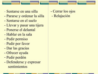 -  Sentarse en una silla -  Pararse y ordenar la silla -  Sentarse en el suelo -  Llevar y pasar una tijera -  Ponerse el delantal - H ablar en la sala -  Pedir permiso -  Pedir por favor -  Dar las gracias -  Ofrecer ayuda Pedir perdón -  Defenderse y expresar  sentimientos   -  Cerrar los ojos -  Relajación   