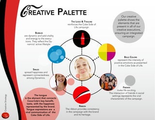 CreaTive paleTTe                     THe logo  TTagline
                                                                                                 Our creative
                                                                                              palette shows the
                                                                                              elements that are
                                                     reinforces the Coke Side of
                                                            Life campaign.                   present in all of our
                                                                                             creative executions,
                               BuBBles                                                      ensuring an integrated
                     are dynamic and add vitality                                                 campaign.
                      and energy to the execu-
                      tions. They reflect the Dy-
                        namics’ active lifestyle.




                                                                                                     Bold Colors
                                                                                             represent the intensity of
                                                                                           positive emotions as presented
                                                                                              in the Coke Side of Life.
                             smiles
                      spread happiness and
                    represent connectedness
                        among Dynamics.



                                                                                                    friends
                                                                                              make life exciting.
                                                                                      The interaction of friends in social
                              The tongue
Creative Strategy




                                                                                        settings represents the viral
                     is the element that connects                                      characteristic of the campaign.
                        Coca-Cola’s key benefit,
                       taste, with the happiness
                      represented by the brand.                  riBBon
                       Tongue expressions are a     The ribbon provides consistency
                      viral communication of the    in the campaign with the brand
14                          Coke Side of Life.              and its heritage.
 