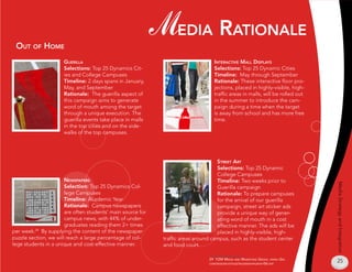 ouT of Home
                                                             Media raTionale
                      guerilla                                                    inTeraCTive mall displays
                      Selections: Top 2 Dynamics Cit-                            Selections: Top 2 Dynamic Cities
                      ies and College Campuses                                    Timeline: May through September
                      Timeline: 2 days spans in January,                          Rationale: These interactive floor pro-
                      May, and September                                          jections, placed in highly-visible, high-
                      Rationale: The guerilla aspect of                           traffic areas in malls, will be rolled out
                      this campaign aims to generate                              in the summer to introduce the cam-
                      word of mouth among the target                              paign during a time when the target
                      through a unique execution. The                             is away from school and has more free
                      guerilla events take place in malls                         time.
                      in the top cities and on the side-
                      walks of the top campuses.




                                                                                    sTreeT arT
                                                                                    Selections: Top 2 Dynamic
                                                                                    College Campuses
                       newspapers                                                   Timeline: Two weeks prior to




                                                                                                                               Media Strategy and Integration
                       Selection: Top 2 Dynamics Col-                              Guerilla campaign
                       lege Campuses                                                Rationale: To prepare campuses
                       Timeline: Academic Year                                      for the arrival of our guerilla
                       Rationale: Campus newspapers                                 campaign, street art sticker ads
                       are often students’ main source for                          provide a unique way of gener-
                       campus news, with 44% of under-                              ating word of mouth in a cost
                       graduates reading them 2+ times                              effective manner. The ads will be
per week. By supplying the content of the newspaper
          29
                                                                                    placed in highly-visible, high-
puzzle section, we will reach a large percentage of col-     traffic areas around campus, such as the student center
lege students in a unique and cost-effective manner.         and food court.

                                                                                29 y2m media and markeTing group, www.y2m.
                                                                                Com/researCH/files/readersHipsurvey06.pdf
                                                                                                                               2
 