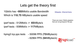 Lets get the theory first
1Gbit/s has ~950Mbit/s usable Bandwidth

Wikipedia - Ethernet frame

Which is 118.75 MBytes/s usable speed
iperf tests - 512Mbit/s -> 65MByte/s

There are many 1Gbit/s adapters
that can not go beyond 70k pps

iperf tests - 938Mbit/s -> 117MByte/s
hping3 tcp pps tests

- 50096 PPS (75MBytes/s)
- 62964 PPS (94MBytes/s)

 