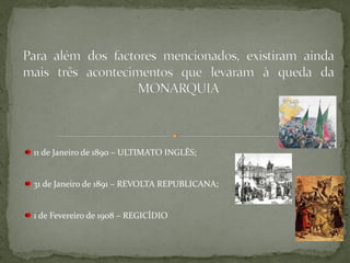 11 de Janeiro de 1890 – ULTIMATO INGLÊS;


31 de Janeiro de 1891 – REVOLTA REPUBLICANA;


1 de Fevereiro de 1908 – REGICÍDIO
 