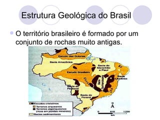 Estrutura Geológica do Brasil O território brasileiro é formado por um conjunto de rochas muito antigas. 