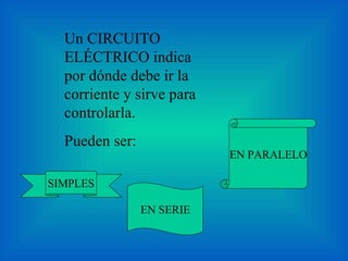 Un CIRCUITO ELÉCTRICO indica por dónde debe ir la corriente y sirve para controlarla. Pueden ser: SIMPLES EN SERIE EN PARALELO 