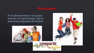 ¡Produzcamos!
En la semana tercera, los grupos
exponen sus aprendizajes, bajo la
guía de las preguntas del docente.
 