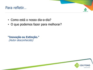 TÍTULO DO SLIDE OU ASSUNTO
(pode ser utilizado em duas linhas)Para refletir…
• Como está o nosso dia-a-dia?
• O que podemos fazer para melhorar?
“Inovação ou Extinção.”
(Autor desconhecido)
 