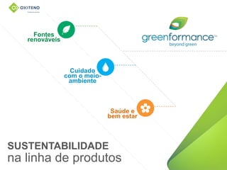 Fontes
renováveis
Cuidado
com o meio-
ambiente
Saúde e
bem estar
SUSTENTABILIDADE
na linha de produtos
 