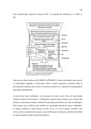 102

mais sistematizadas, seguindo o processo (FIG. 13) sugerido por Daniellou et al. (2001, p.
86):




                 FIGURA 13 – Esquema geral da abordagem
                 Fonte: DANIELLOU et al., 2001, p. 86.


Cada uma das datas listadas no QUADRO 9 (APÊNDICE C) possui um relatório que contém:
as verbalizações captadas, as observações sobre os modos operatórios, anotações sobre os
procedimentos adotados pelos atores nos processos produtivos e impressões da pesquisadora,
registradas separadamente.


As entrevistas foram individuais, sem presença de demais atores além do entrevistado.
Também muitas das observações e verbalizações seguiram dessa maneira, pois a divisão das
tarefas na marcenaria em alguns momentos da produção possibilitou esse tipo de abordagem.
Outro aspecto que contribuiu neste sentido foi a quantidade reduzida de atores “espalhados”
no espaço (conforme se pode observar na FIG. 18, p. 111, há um grande “corredor” onde
ocorre a fase de acabamento das peças o que contribui para tal aspecto), geralmente divididos
no espaço segundo a etapa do processo produtivo.
 