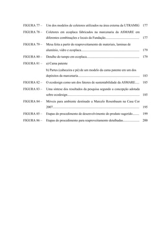 FIGURA 77 –   Um dos modelos de coletores utilizados na área externa da UTRAMIG 177

FIGURA 78 –   Coletores em ecoplaca fabricados na marcenaria da ASMARE em
              diferentes combinações e locais da Fundação.........................................                            177

FIGURA 79 –   Mesa feita a partir do reaproveitamento de materiais, laminas de
              alumínio, vidro e ecoplaca....................................................................... 179

FIGURA 80 –   Detalhe do tampo em ecoplaca................................................................                    179

FIGURA 81 –   a) Cama patente

              b) Partes (cabeceira e pé) de um modelo da cama patente em um dos
              depósitos da marcenaria........................................................................... 183

FIGURA 82 –   O ecodesign como um dos fatores de sustentabilidade da ASMARE.....                                              185

FIGURA 83 –   Uma síntese dos resultados da pesquisa segundo a concepção adotada
              sobre ecodesign........................................................................................ 185

FIGURA 84 –   Móveis para ambiente destinado a Marcelo Rosenbaum na Casa Cor
              2007.........................................................................................................   195

FIGURA 85 –   Etapas do procedimento de desenvolvimento do produto sugerido........                                           199

FIGURA 86 –   Etapas do procedimento para reaproveitamento detalhadas....................                                     200
 