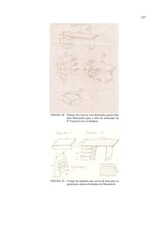 127




FIGURA 24 – Esboço dos móveis com dimensões gerais feito
            pelo Marceneiro para a feira de artesanato do
            8° Festival Lixo e Cidadania




FIGURA 25 – Croqui do arquiteto que serviu de base para os
           posteriores desenvolvimentos do Marceneiro
 