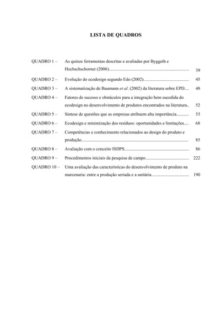 LISTA DE QUADROS




QUADRO 1 –    As quinze ferramentas descritas e avaliadas por Byggeth e
              Hochschschorner (2006)........................................................................             39

QUADRO 2 –    Evolução do ecodesign segundo Edo (2002).........................................                          45

QUADRO 3 –    A sistematização de Baumann et al. (2002) da literatura sobre EPD....                                      48

QUADRO 4 –    Fatores de sucesso e obstáculos para a integração bem sucedida do
              ecodesign no desenvolvimento de produtos encontrados na literatura..                                       52

QUADRO 5 –    Síntese de questões que as empresas atribuem alta importância...........                                   53

QUADRO 6 –    Ecodesign e minimização dos resíduos: oportunidades e limitações....                                       68

QUADRO 7 –    Competências e conhecimento relacionados ao design do produto e
              produção................................................................................................   85

QUADRO 8 –    Avaliação com o conceito ISDPS..........................................................                   86

QUADRO 9 –    Procedimentos iniciais da pesquisa de campo.......................................                         222

QUADRO 10 –   Uma avaliação das características do desenvolvimento de produto na
              marcenaria: entre a produção seriada e a unitária.................................. 190
 