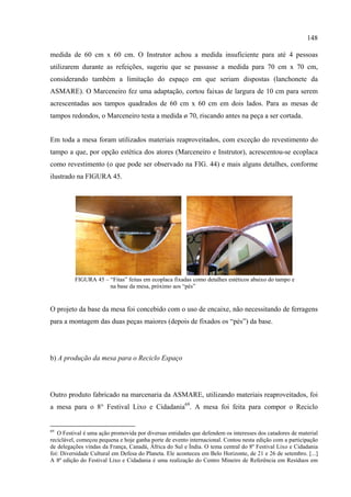 148

medida de 60 cm x 60 cm. O Instrutor achou a medida insuficiente para até 4 pessoas
utilizarem durante as refeições, sugeriu que se passasse a medida para 70 cm x 70 cm,
considerando também a limitação do espaço em que seriam dispostas (lanchonete da
ASMARE). O Marceneiro fez uma adaptação, cortou faixas de largura de 10 cm para serem
acrescentadas aos tampos quadrados de 60 cm x 60 cm em dois lados. Para as mesas de
tampos redondos, o Marceneiro testa a medida ø 70, riscando antes na peça a ser cortada.


Em toda a mesa foram utilizados materiais reaproveitados, com exceção do revestimento do
tampo a que, por opção estética dos atores (Marceneiro e Instrutor), acrescentou-se ecoplaca
como revestimento (o que pode ser observado na FIG. 44) e mais alguns detalhes, conforme
ilustrado na FIGURA 45.




          FIGURA 45 – “Fitas” feitas em ecoplaca fixadas como detalhes estéticos abaixo do tampo e
                      na base da mesa, próximo aos “pés”


O projeto da base da mesa foi concebido com o uso de encaixe, não necessitando de ferragens
para a montagem das duas peças maiores (depois de fixados os “pés”) da base.




b) A produção da mesa para o Reciclo Espaço




Outro produto fabricado na marcenaria da ASMARE, utilizando materiais reaproveitados, foi
a mesa para o 8° Festival Lixo e Cidadania69. A mesa foi feita para compor o Reciclo


69
   O Festival é uma ação promovida por diversas entidades que defendem os interesses dos catadores de material
reciclável, começou pequena e hoje ganha porte de evento internacional. Contou nesta edição com a participação
de delegações vindas da França, Canadá, África do Sul e Índia. O tema central do 8º Festival Lixo e Cidadania
foi: Diversidade Cultural em Defesa do Planeta. Ele aconteceu em Belo Horizonte, de 21 e 26 de setembro. [...]
A 8ª edição do Festival Lixo e Cidadania é uma realização do Centro Mineiro de Referência em Resíduos em
 