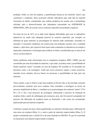 165

produção. Então, no caso da ecoplaca, a quantificação baseou-se nos materiais “puros” que
constituem o compósito. Seria necessário calcular indicadores para cada tipo de material
inexistente na tabela, considerando suas cadeias produtivas de acordo com a metodologia
utilizada, para o desenvolvimento dos indicadores (encontrada em GOEDKOOP &
SPRIENSMA, 2001) de acordo com os contextos específicos de produção e logística.


No início do uso da ACV, já se pôde notar algumas dificuldades para usar os indicadores
disponíveis de modo mais adequado possível ao contexto específico, por exemplo: na
definição de quais materiais ou porcentagens de material serão reutilizados, reciclados ou
aterrados. É necessário estabelecer um critério para esta definição coerente com a realidade
tratada, e, além disso, não é possível dizer quais serão exatamente as alternativas em relação a
disposição, tratamentos e tecnologias para resíduos no futuro, considerando que se trata de um
móvel, um bem durável.


Outros problemas estão relacionados com os compósitos (ecoplaca, MDF e MDP), que são
constituídos por uma diversidade de materiais, o que reduz, na prática atual, a possibilidade de
formar materiais “puros” (exemplo, no caso da ecoplaca: PE reciclado ou Al reciclado) em
processos como o de reciclagem. Ainda que novos processos surjam a custos acessíveis,
trazendo novas soluções, deve-se basear em processos e possibilidades de hoje para tais
materiais.


Nesse sentido, o que se observa é que uma ecoplaca no fim da vida, se for reciclada, será para
provavelmente constituir uma nova ecoplaca. Para considerar a reciclagem na árvore do
processo simplificado da Mesa 1, considerar-se-á as porcentagens dos materiais “puros” (75%
PE e 25 % Al) e seus processos de reciclagem, substituindo o processo de formação da
ecoplaca (feita a partir de embalagens pós-consumo), pois, não foi possível acompanhar tal
processo (de fabricação da ecoplaca) junto ao fornecedor e não existe um ecoindicador
padronizado para tal material compósito.


Conforme o projeto da mesa, foram quantificados os materiais utilizados para a fabricação de
uma mesa em ecoplaca (Mesa 1); e, outra a partir de materiais reaproveitados (Mesa 2). O
projeto considerado para o cálculo foi o da mesa ilustrada na FIGURA 70, que foi construída
na marcenaria com material reaproveitado e ecoplaca.
 