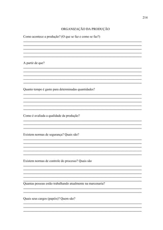 214


                           ORGANIZAÇÃO DA PRODUÇÃO

Como acontece a produção? (O que se faz e como se faz?)




A partir de que?




Quanto tempo é gasto para determinadas quantidades?




Como é avaliada a qualidade da produção?




Existem normas de segurança? Quais são?




Existem normas de controle do processo? Quais são




Quantas pessoas estão trabalhando atualmente na marcenaria?



Quais seus cargos (papéis)? Quem são?
 