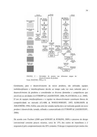 34




               FIGURA   3 –    Atividades de projeto nas    diferentes   etapas do
                               desenvolvimento do produto
               Fonte: BAXTER, 1998, p. 16.


Geralmente, para o desenvolvimento de novos produtos, são utilizadas equipes
multidisciplinares e interdisciplinares devido ao tempo cada vez mais reduzido para o
desenvolvimento de produtos e consideradas as diversas demandas e competências que
envolvem as atividades (LUTTROPP & LAGERSTEDT, 2006; PLATCHECK et al., 2008).
O uso de equipes interdisciplinares e a rapidez no desenvolvimento constituem fatores de
competitividade no mercado (CLARK & WHEELWRIGHT, 1993; KARLSSON &
ÅHLSTRÖM, 1996). Enfim, uma série de variadas tarefas deve ser realizada quando um novo
produto é desenvolvido, testado, refinado e comercializado (LUTTROPP & LAGERSTEDT,
2006).


De acordo com Tischner (2000 apud KNIGHT & JENKINS, 2009) o processo de design
convencional consome poucos recursos, cerca de 15% dos custos de manufatura e é
responsável pelo comprometimento dos 85% restantes. O design é responsável por muitos dos
 
