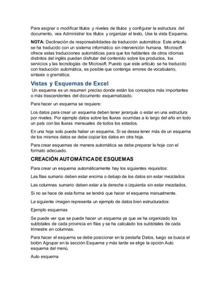Para asignar o modificar títulos y niveles de títulos y configurar la estructura del
documento, vea Administrar los títulos y organizar el texto, Use la vista Esquema.
NOTA: Declinación de responsabilidades de traducción automática: Este artículo
se ha traducido con un sistema informático sin intervención humana. Microsoft
ofrece estas traducciones automáticas para que los hablantes de otros idiomas
distintos del inglés puedan disfrutar del contenido sobre los productos, los
servicios y las tecnologías de Microsoft. Puesto que este artículo se ha traducido
con traducción automática, es posible que contenga errores de vocabulario,
sintaxis o gramática.
Vistas y Esquemas de Excel
Un esquema es un resumen preciso donde están los conceptos más importantes
o más trascendentes del documento esquematizado.
Para hacer un esquema se requiere:
Los datos para crear un esquema deben tener jerarquía o estar en una estructura
por niveles. Por ejemplo datos sobre las lluvias ocurridas a lo largo del año en todo
un país con las lluvias mensuales de todos los estados.
En una hoja solo puede haber un esquema. Si se desea tener más de un esquema
de los mismos datos se debe copiar los datos en otra hoja.
Para crear esquemas de manera automática se debe preparar la hoja con el
formato adecuado.
CREACIÓN AUTOMÁTICADE ESQUEMAS
Para crear un esquema automáticamente hay los siguientes requisitos:
Las filas sumario deben estar encima o debajo de los datos sin estar mezclados
Las columnas sumario deben estar a la derecha o izquierda sin estar mezclados.
Si no se hace de esta forma se tendrá que hacer el esquema manualmente.
La siguiente imagen representa un ejemplo de datos bien estructurados:
Ejemplo esquemas
Se puede ver que se puede hacer un esquema ya que se ha organizado los
subtotales de cada provincia en filas y se ha calculado los subtotales de cada
trimestre en columnas.
Para hacer el esquema se debe posicionar en la pestaña Datos, luego se busca el
botón Agrupar en la sección Esquema y más tarde se elige la opción Auto
esquema del menú.
Auto esquema
 