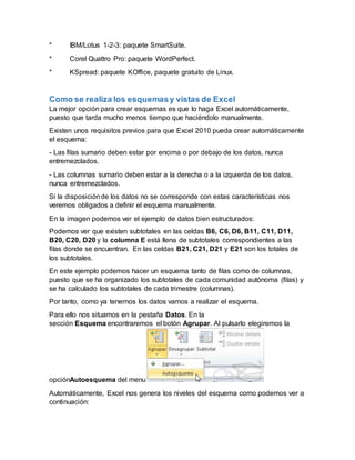 * IBM/Lotus 1-2-3: paquete SmartSuite.
* Corel Quattro Pro: paquete WordPerfect.
* KSpread: paquete KOffice, paquete gratuito de Linux.
Como se realiza los esquemasy vistas de Excel
La mejor opción para crear esquemas es que lo haga Excel automáticamente,
puesto que tarda mucho menos tiempo que haciéndolo manualmente.
Existen unos requisitos previos para que Excel 2010 pueda crear automáticamente
el esquema:
- Las filas sumario deben estar por encima o por debajo de los datos, nunca
entremezclados.
- Las columnas sumario deben estar a la derecha o a la izquierda de los datos,
nunca entremezclados.
Si la disposiciónde los datos no se corresponde con estas características nos
veremos obligados a definir el esquema manualmente.
En la imagen podemos ver el ejemplo de datos bien estructurados:
Podemos ver que existen subtotales en las celdas B6, C6, D6, B11, C11, D11,
B20, C20, D20 y la columna E está llena de subtotales correspondientes a las
filas donde se encuentran. En las celdas B21, C21, D21 y E21 son los totales de
los subtotales.
En este ejemplo podemos hacer un esquema tanto de filas como de columnas,
puesto que se ha organizado los subtotales de cada comunidad autónoma (filas) y
se ha calculado los subtotales de cada trimestre (columnas).
Por tanto, como ya tenemos los datos vamos a realizar el esquema.
Para ello nos situamos en la pestaña Datos. En la
sección Esquema encontraremos el botón Agrupar. Al pulsarlo elegiremos la
opciónAutoesquema del menu
Automáticamente, Excel nos genera los niveles del esquema como podemos ver a
continuación:
 