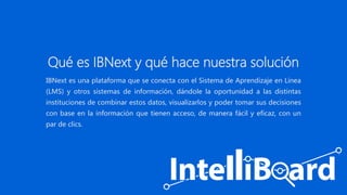 Qué es IBNext y qué hace nuestra solución
IBNext es una plataforma que se conecta con el Sistema de Aprendizaje en Línea
(...