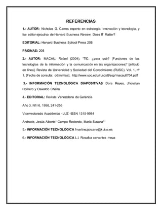 REFERENCIAS
1.- AUTOR: Nicholas G. Carres experto en estrategia, innovación y tecnología, y
fue editor ejecutivo de Harvard Business Review. Does IT Matter?
EDITORIAL: Harvard Business School Press 208
PÁGINAS: 208
2.- AUTOR: MACAU, Rafael (2004). “TIC: ¿para qué? (Funciones de las
tecnologías de la información y la comunicación en las organizaciones)” [artículo
en línea]. Revista de Universidad y Sociedad del Conocimiento (RUSC). Vol. 1, nº
1. [Fecha de consulta: dd/mm/aa]. http://www.uoc.edu/rusc/dt/esp/macau0704.pdf
3.- INFORMACIÓN TECNOLÓGICA DIAPOSITIVAS Dora Reyes, Jhonatan
Romero y Oswaldo Chaira
4.- EDITORIAL: Revista Venezolana de Gerencia
Año 3. N1I 6, 1998, 241-256
Vicerrectorado Académico - LUZ -ISSN 1315·9984
Andrade, Jesús Alberto* Campo-Redondo, María Susana**
5.- INFORMACIÓN TECNOLÓGICA fmartinezjorcano@kutxa.es
6.- INFORMACIÓN TECNOLÓGICA L.I. Rosalba cervantes meza
 