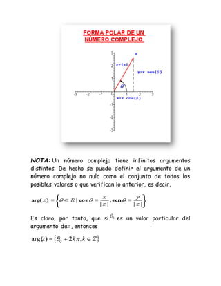 NOTA: Un número complejo tiene infinitos argumentos
distintos. De hecho se puede definir el argumento de un
número complejo no nulo como el conjunto de todos los
posibles valores q que verifican lo anterior, es decir,
Es claro, por tanto, que si es un valor particular del
argumento de , entonces
 