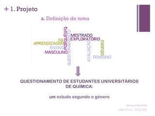 + 1. Projeto
               a. Definição do tema




     QUESTIONAMENTO DE ESTUDANTES UNIVERSITÁRIOS
                     DE QUÍMICA:

                  um estudo segundo o género
                                                         Mariana	
  Mar;nho	
  
                                               SIME	
  (2ºano)	
  -­‐	
  24.02.2012	
  
                                                                                     	
  
 