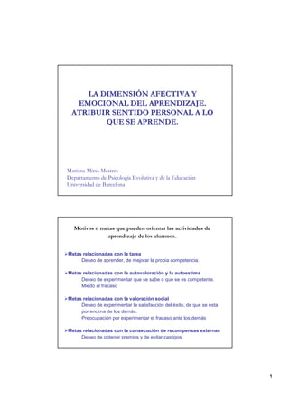 LA DIMENSIÓN AFECTIVA Y
  EMOCIONAL DEL APRENDIZAJE.
 ATRIBUIR SENTIDO PERSONAL A LO
        QUE SE APRENDE.




Mariana Miras Mestres
Departamento de Psicología Evolutiva y de la Educación
Universidad de Barcelona




  Motivos o metas que pueden orientar las actividades de
              aprendizaje de los alumnos.


Metas relacionadas con la tarea
     Deseo de aprender, de mejorar la propia competencia.

Metas relacionadas con la autovaloración y la autoestima
     Deseo de experimentar que se sabe o que se es competente.
     Miedo al fracaso

Metas relacionadas con la valoración social
     Deseo de experimentar la satisfacción del éxito, de que se esta
     por encima de los demás.
     Preocupación por experimentar el fracaso ante los demás

Metas relacionadas con la consecución de recompensas externas
     Deseo de obtener premios y de evitar castigos.




                                                                       1
 