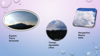 Espacio
Tierra
horizonte
Tiempo
Agradable
clima
Perspectiva
Blanco
bello
 