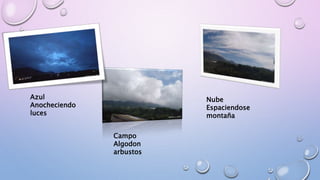 Azul
Anocheciendo
luces
Campo
Algodon
arbustos
Nube
Espaciendose
montaña
 