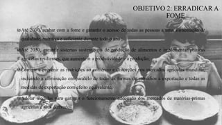₪Até 2030, acabar com a fome e garantir o acesso de todas as pessoas a uma alimentação de
qualidade, nutritiva e suficiente durante todo o ano ;
₪Até 2030, garantir sistemas sustentáveis de produção de alimentos e implementar práticas
agrícolas resilientes, que aumentem a produtividade e a produção;
₪Corrigir e prevenir as restrições ao comércio e distorções nos mercados agrícolas mundiais,
incluindo a eliminação em paralelo de todas as formas de subsídios à exportação e todas as
medidas de exportação com efeito equivalente;
₪Adotar medidas para garantir o funcionamento adequado dos mercados de matérias-primas
agrícolas e seus derivados.
OBJETIVO 2: ERRADICAR A
FOME
 