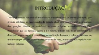 INTRODUÇÃO
Desenvolvimento sustentável preceitua ser o modelo ideal de desenvolvimento que
procura satisfazer as necessidades da geração atual sem comprometer a capacidade
das gerações futuras de satisfazer as suas próprias necessidades, significa
possibilitar que as pessoas, agora e no futuro, atinjam um nível satisfatório de
desenvolvimento social e económico, de realização humana e cultural, fazendo, ao
mesmo tempo, um uso razoável dos recursos da terra, preservando as espécies e os
habitats naturais.
 