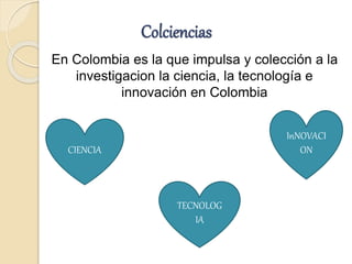 Colciencias
En Colombia es la que impulsa y colección a la
investigacion la ciencia, la tecnología e
innovación en Colombia
CIENCIA
TECNOLOG
IA
InNOVACI
ON
 