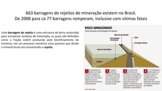Apresentação elaborada pela Professora FERNANDA LOPES, disciplina de Geografia
663 barragens de rejeitos de mineração existem no Brasil.
De 2008 para cá 77 barragens romperam, inclusive com vitimas fatais
Uma barragem de rejeito é uma estrutura de terra construída
para armazenar resíduos de mineração, os quais são definidos
como a fração estéril produzida pelo beneficiamento de
minérios, em um processo mecânico e/ou químico que divide
o mineral bruto em concentrado e rejeito.
 
