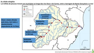 Apresentação elaborada pela Professora FERNANDA LOPES, disciplina de Geografia
As cidade atingidas
1,2 milhão de pessoas moram em municípios ao longo dos rios Doce e do Carmo, entre a barragem de Bento Gonçalves e o mar
MARIANA
58.802 hab.
BARRA LONGA
5.799 hab.
PERIQUITO
7.103 hab.
GOVERNADOR
VALADARES
278.363 hab.
Maior cidade afetada
pela lama, tem todo o
abastecimento
dependente do rio Doce
 