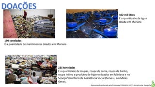 Apresentação elaborada pela Professora FERNANDA LOPES, disciplina de Geografia
235 toneladas
É a quantidade de roupas, roupa de cama, roupa de banho,
roupa íntima e produtos de higiene doados em Mariana e no
Serviço Voluntário de Assistência Social (Servas), em Minas
Gerais.
190 toneladas
É a quantidade de mantimentos doados em Mariana
402 mil litros
É a quantidade de água
doada em Mariana
 