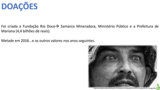 Apresentação elaborada pela Professora FERNANDA LOPES, disciplina de Geografia
Foi criada a Fundação Rio Doce Samarco Mineradora, Ministério Público e a Prefeitura de
Mariana (4,4 bilhões de reais).
Metade em 2016...e os outros valores nos anos seguintes.
 