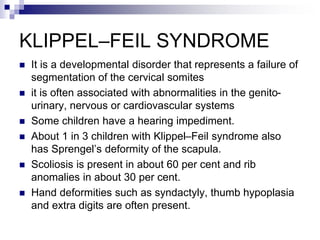 KLIPPEL–FEIL SYNDROME
 It is a developmental disorder that represents a failure of
segmentation of the cervical somites
 it is often associated with abnormalities in the genito-
urinary, nervous or cardiovascular systems
 Some children have a hearing impediment.
 About 1 in 3 children with Klippel–Feil syndrome also
has Sprengel’s deformity of the scapula.
 Scoliosis is present in about 60 per cent and rib
anomalies in about 30 per cent.
 Hand deformities such as syndactyly, thumb hypoplasia
and extra digits are often present.
 